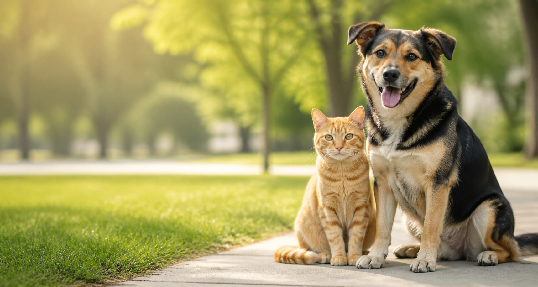 A calm dog and cat in a sunny neighborhood park